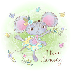 Cute mouse ballerina dancing. I love dancing. Inscription. Vector.