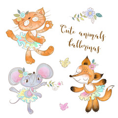 Character toy set. The mouse the cat and the Fox in a tutu. Animal ballerinas. Vector.