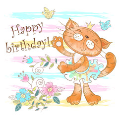 Birthday card with a cute cat ballerina. Vector. Watercolor