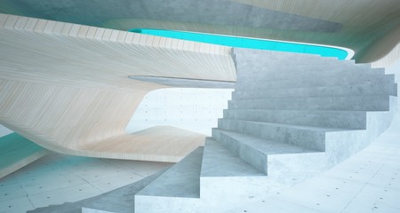 Abstract architectural wood and glass smooth interior of a minimalist house. 3D illustration and rendering.