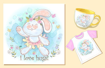 Bunny hug. Hilarious e-card. Print on the mug and t-shirt. Vector. Watercolor.