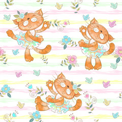 Seamless pattern with dancing cats ballerinas. Vector.