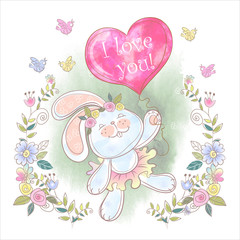 Obraz na płótnie Canvas Cute Bunny with a balloon in the form of a heart. Valentine. I love you. Vector. Watercolor.
