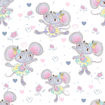 Seamless pattern. Funny mouse ballerinas dancing in the meadow. Vector.