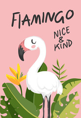 slogan with cartoon flamingo and palm leafs illustration