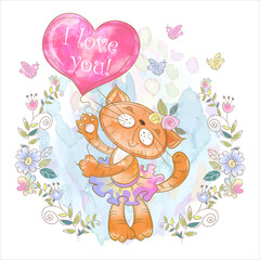 Obraz na płótnie Canvas Cute kitty with a balloon in the form of a heart. Valentine. I love you. Vector. Watercolor.