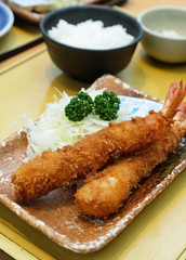 closeup tempura prawn with rice and soup