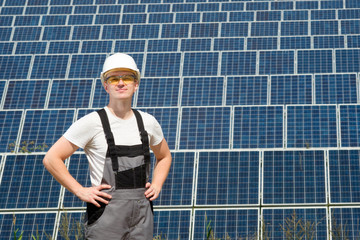 Solar panels engineer in white cask