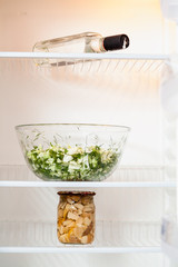 In empty fridge there is salad, mushrooms and vodka