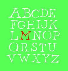 Set of letters of the English font. Vector. Alphabet of latin letters. The style is free, arbitrary, inscription of characters by hand. Something like a classic font.