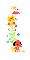 Fototapeta premium Illustration of a cat with an umbrella and dogs on a skateboard. Vector. Animals among the flowers. Children's cartoon, doodle style. Illustration for kindergarten or club. Institutions for children.