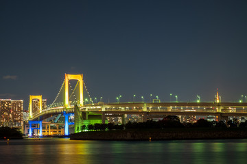 Fototapeta na wymiar Rainbow Bridge, the large bridge can walk across it and it connects the central part of Tokyo and Odaiba