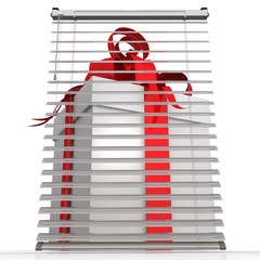 Hidden gift box. The gift box with red tape and bow-knot stands behind ajar blinds. Isolated. 3D Illustration