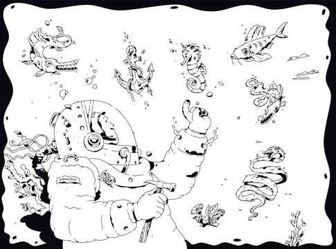 Illustration of a diver, aquanaut.  The explorer of the ocean depths surrounded by marine inhabitants. Outline cartoon, black and white style. Fishes meet scientist discoverer.