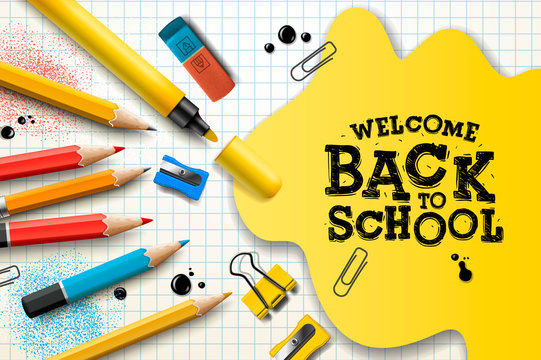 Welcome Back to School, poster and banner with colorful pencils and elements for retail marketing promotion and education related. Vector illustration.