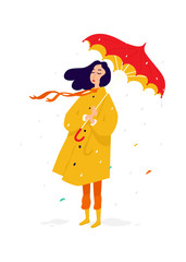 Illustration of a sad girl in a yellow raincoat.  A woman under an umbrella in rainy weather is sad and sad. Depression and Meloncholia. Rainy autumn day.