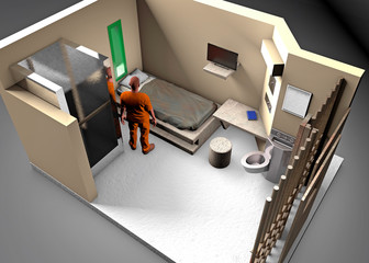 3d reconstruction of a prison cell, ADX Florence Supermax, Colorado penitentiary. US maximum security penitentiary center. Held in a prison cell. 3d rendering