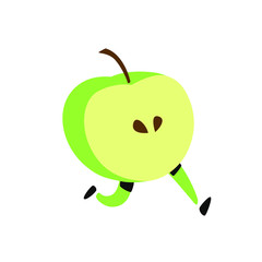 Illustration of a running apple. Vector. Icon of tasty green fruit. Flat cartoon style. Delivery service logo. Emblem for eco products shop.
