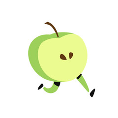 Illustration of a running apple.  Icon of tasty green fruit. Flat cartoon style. Delivery service logo. Emblem for eco products shop.