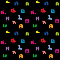 Colorful set of funny doodle monsters on black background. Vintage vector design. Retro video games seamless pattern.