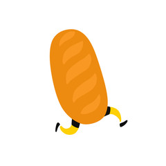 Illustration of a running character. Bread loaf. Vector. Running crispy long loaf with legs. Icon for the site. Sign, logo for the store. Delivery of fresh bakery products.