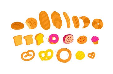 Illustration of baked goods. Vector. Icons for the site. Delivery of fresh bakery and confectionery. Signs, logo for the store and packaging. Delicious bread, bagels and pastries.