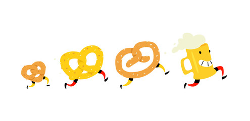 Fototapeta na wymiar Illustration of a beer mug and bagels. Icons for the site. Character pretzel with salt and a bagel for beer. Signs, logo for the store and packaging. Delicious beer snack.