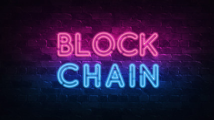 blockchain Glowing neon light. Cryptocurrency exchange concept banner. Graphic background communication. Decoration chain. Digital currency mining. Future style. Web banner. 3d render