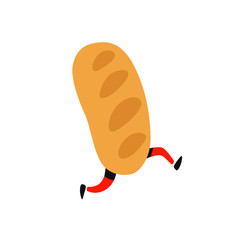 Illustration of a running character. Bread loaf.  Running crispy long loaf with legs. Icon for the site. Sign, logo for the store. Delivery of fresh bakery products.