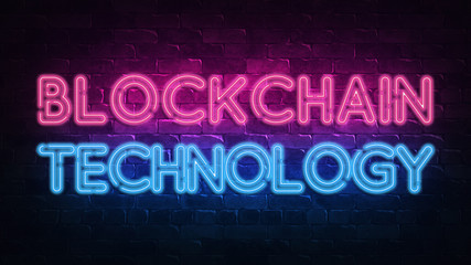 Banner with blockchain neon signboard. Digital technology concept. Bitcoin cryptocurrency. Decoration element. Modern line style. Digital virtual currency. Fintech technology. 3d render