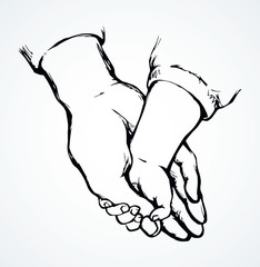 Children's hand holding an adult. Vector drawing