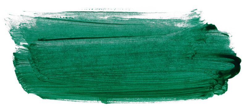 Green Acrylic Stain Element On White Background. With Brush And Paint Texture Hand-drawn. Acrylic Brush Strokes Abstract Fluid Liquid Ink Pattern