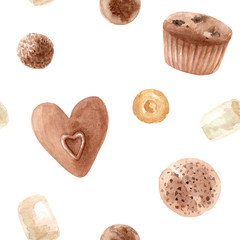 Seamless pattern. Watercolor sweets. Hand drawn dessert illustration. Design fabric, packaging, textile