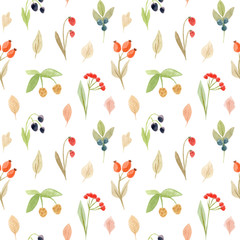 Seamless pattern of watercolor autumn leaves. Isolated on white background. Hand drawn painted flowers illustration