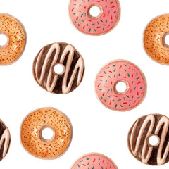 Seamless pattern. Watercolor sweet donut. Hand drawn dessert illustration. Design fabric, packaging