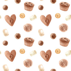 Seamless pattern. Watercolor sweets. Hand drawn dessert illustration. Design fabric, packaging, textile