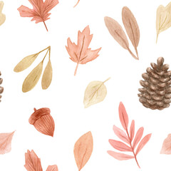 Obraz premium Seamless pattern of watercolor autumn leaves. Isolated on white background. Hand drawn painted flowers illustration