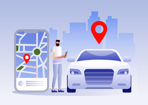 Mobile city transportation illustration concept, Online car sharing with cartoon character and smartphone, can use for landing page template, ui, web, mobile app, poster, banner, flyer