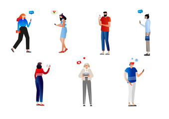 Group of male and female cartoon characters with mobile phones and tablet. Young men and women holding smartphones and texting, talking, listening to music. illustration, characters design.