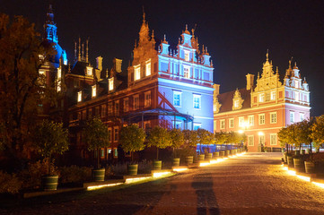 Fototapeta premium New Castle in the park Muskauer at night in Germany.