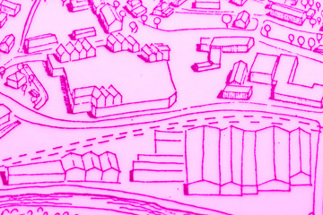 Magenta colored sketch of an urban situation