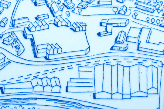 Sketch showing part of a town with factories