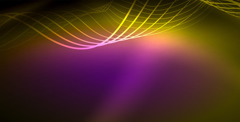 Glowing abstract wave on dark, shiny motion, magic space light. Techno abstract background