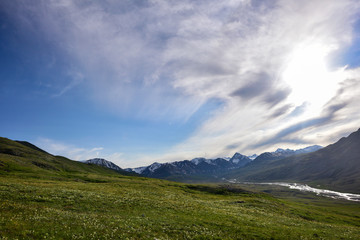 Labdsacpe of mountains and grasslands in Olgi, Mongolia.