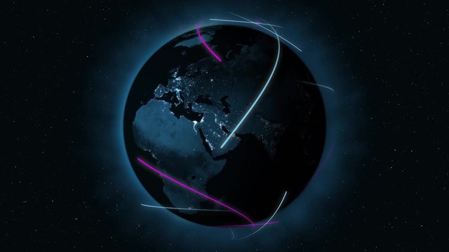 Planeta tierra girando en loop con lineas de transporte