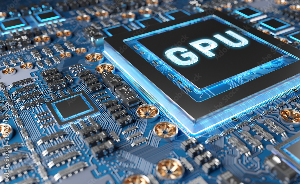 Fototapete close-up view of a modern gpu card with circuit 3d rendering