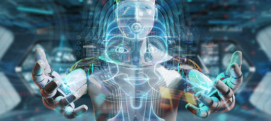 White robot  using digital artificial intelligence head interface 3D rendering