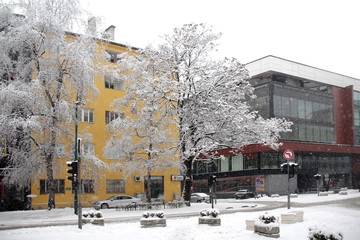 Heavy snowfall on the streets of the city.