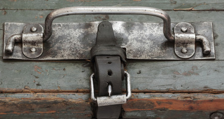 Detail ,German wooden suitcase with metal handle. Used by the German Army in the Second World War