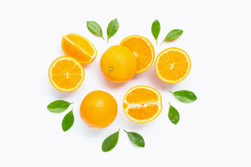 Naklejka na ściany i meble Fresh orange citrus fruit with leaves isolated on white background.